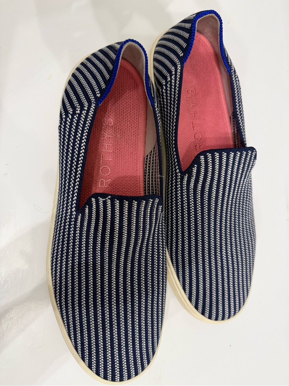 Rothy's Navy and White Striped Slip-On Sneakers